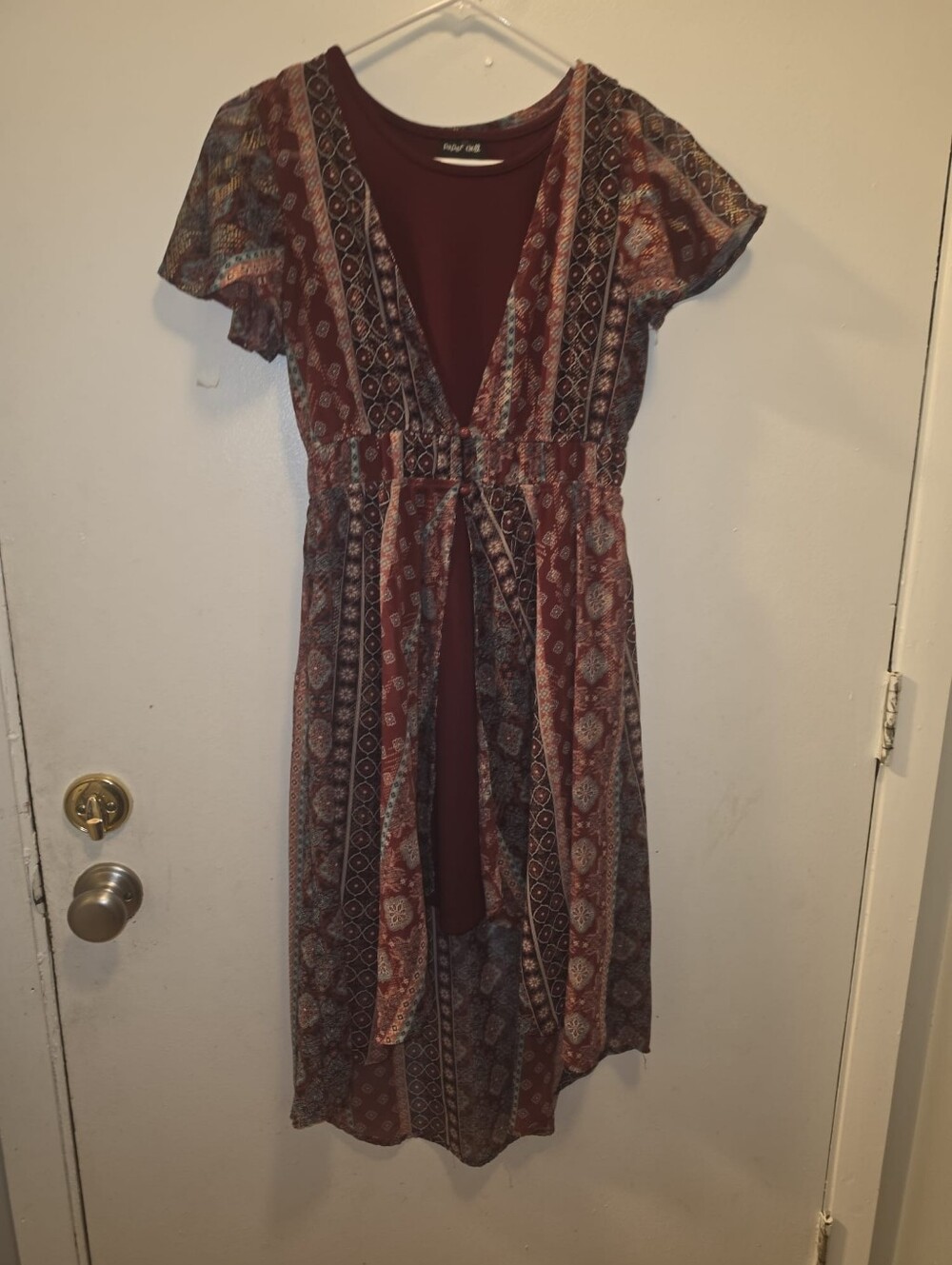 paper doll Burgundy Multi-Print Tie-Front Midi Dress